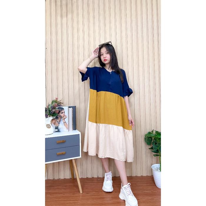 Ice Cream daster dress wanita polos model anak remaja terbaru selutut kombinasi warna aksen tangan r