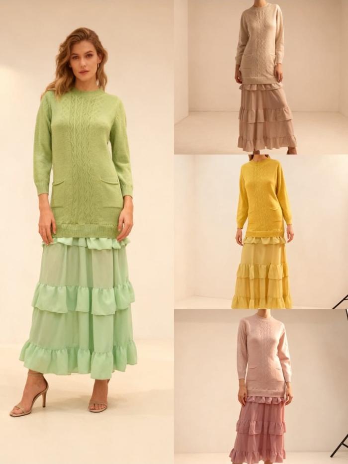 23216 Gamis Rajut II Fashion Pakaian Wanita II Maxi Dress - Rajut Kombinasi Brukat