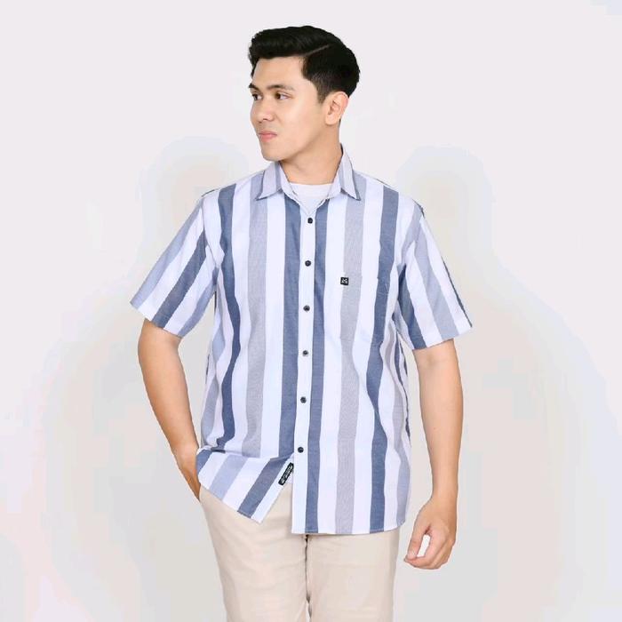 Kemeja Pria Lengan Pendek Katun Yanded Motif Salur Garis Vertikal Horizontal Casual Modern Kain Kerj