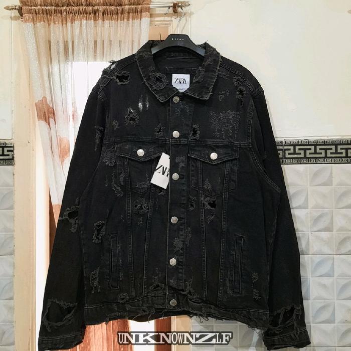 ZARA Denim Jacket Ripped Distressed Black