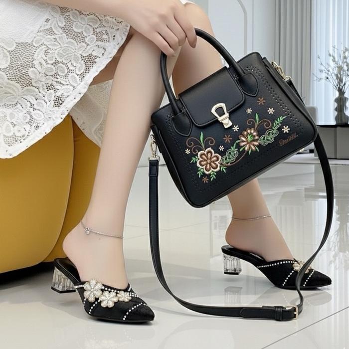 DMN-03 Set Tas & Sepatu Hak Kaca 5cm Gliter Premium untuk Pesta Kondangan Pernikahan Wanita Size 37-