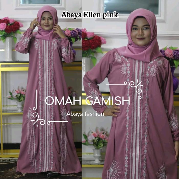 Abaya bordir Ellen PINK simple woll peach by anugerah berkah abaya