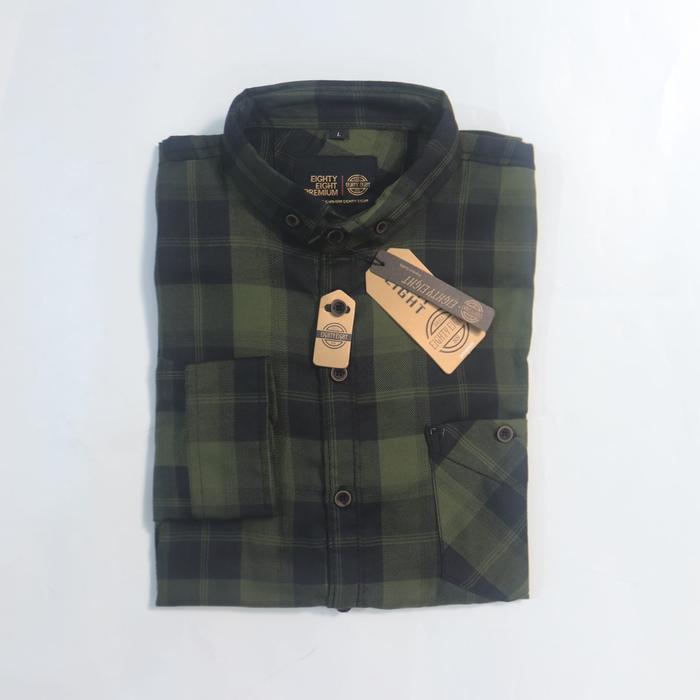 Eighty Eight Premium Kemeja Flanel Pria Kotak Hijau Army Lengan Panjang Casual.