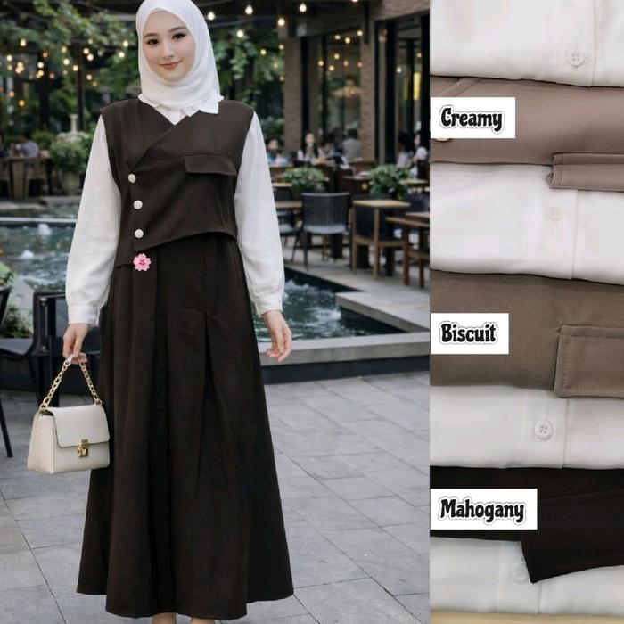 Gamis 2in1 Kombinasi Warna Soft | Tampil Mewah & Berkelas Gamis Vest Kancing Depan | Tampil Slim & A