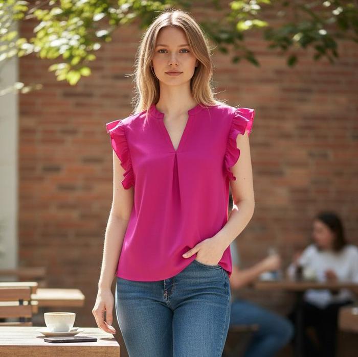 Atasan Blus Wanita Polos Warna Pink Fanta dengan Ruffle Detail dan Lengan Pendek Stylish
