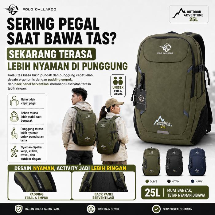 POLO GALLARDO Adventra BC02 Tas Ransel Serbaguna Unisex Bahan Cordura 30x16x48cm 3 Kompartemen Luas 