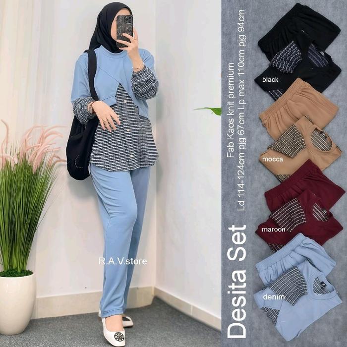 DESTIA ONESET SETELAN WANITA CELANA PANJANG BAHAN KAOS KNIT PREMIUM Original Tunik BajuSolo ElsireOr