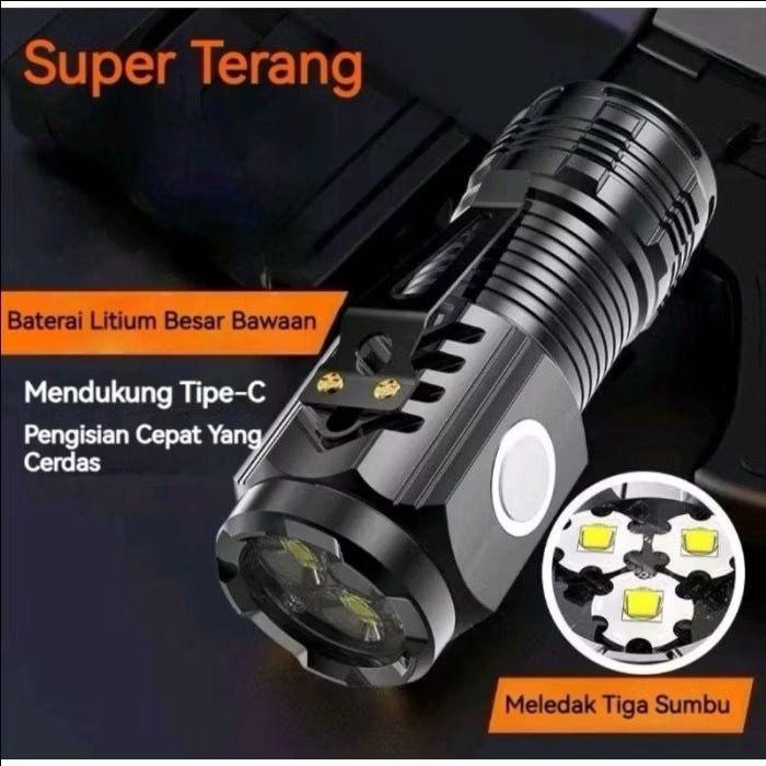 Senter Mini 3 Mata Led Lampu Swat Outdoor 4 Mode Cahaya Senter Camping Hiking