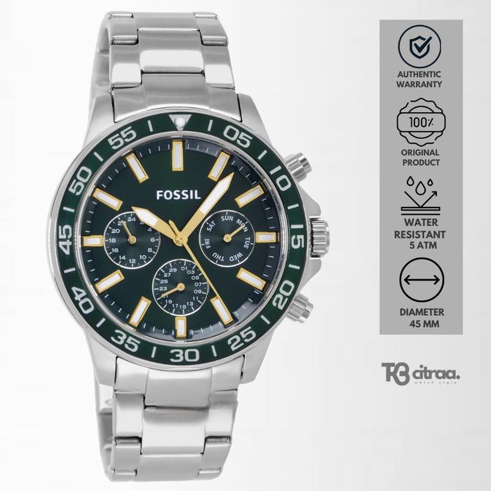 Jam Tangan Pria Fossil Bannon Multifunction Chronograph Silver Stainless Steel Green Dial Watch Mewa