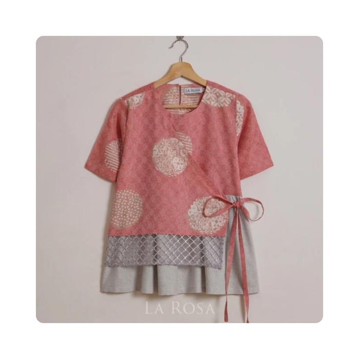 LA ROSA Preloved! Blouse Batik Vintage Retro, Soft Pink, Size M