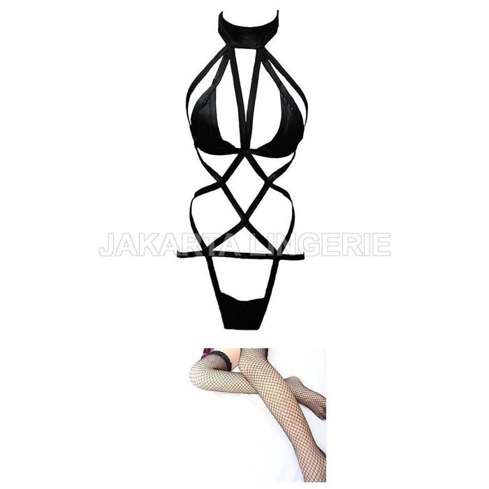 Set Lingerie Teddy dan Stocking Jaring Wanita Ukuran Besar Hitam