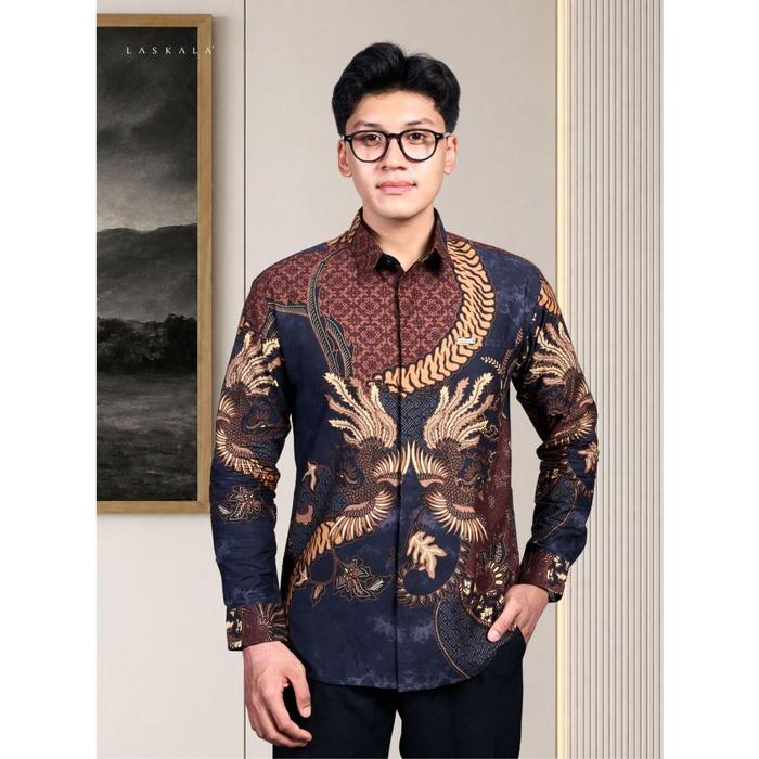 Laskala Batik Premium Lokananta Navy Kemeja Batik Pria Slimfit Lengan Panjang