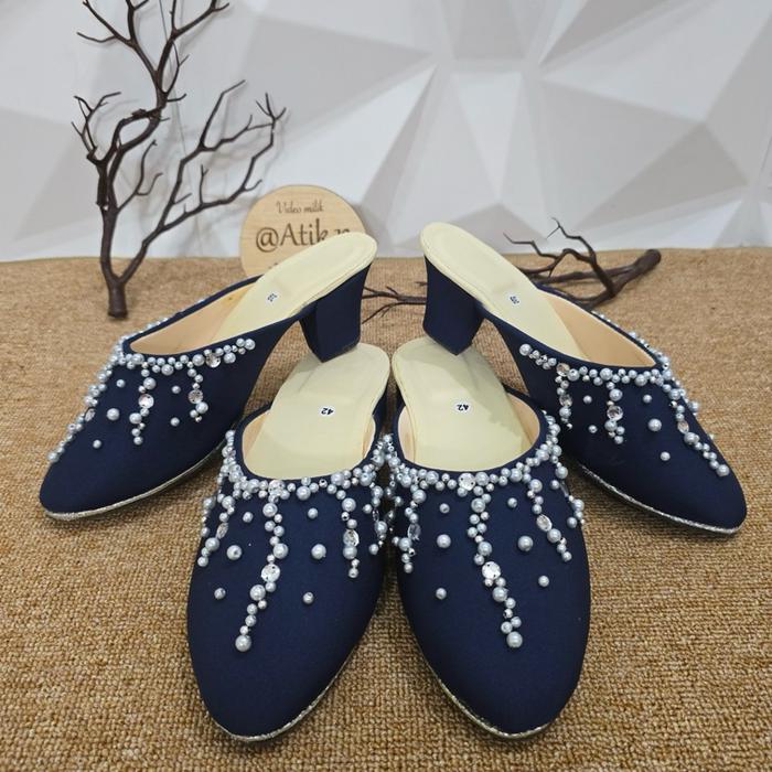 (harga satuan) selop pengantin pesta manten jawa biru navy payet mutiara salur