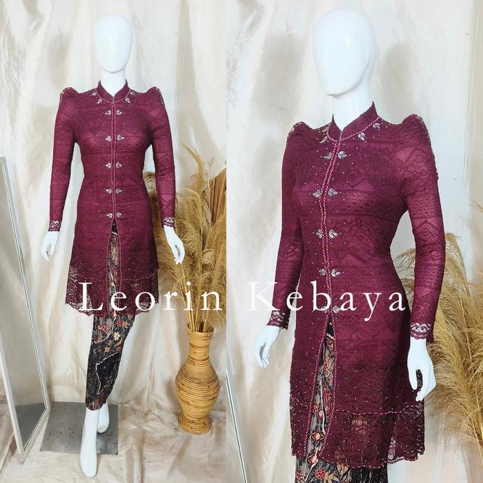 Setelan Kebaya Valerie Tunik Kerah Shanghai Full Payet Lengan Tumpuk Bahan Brokat Premium Furing Inn