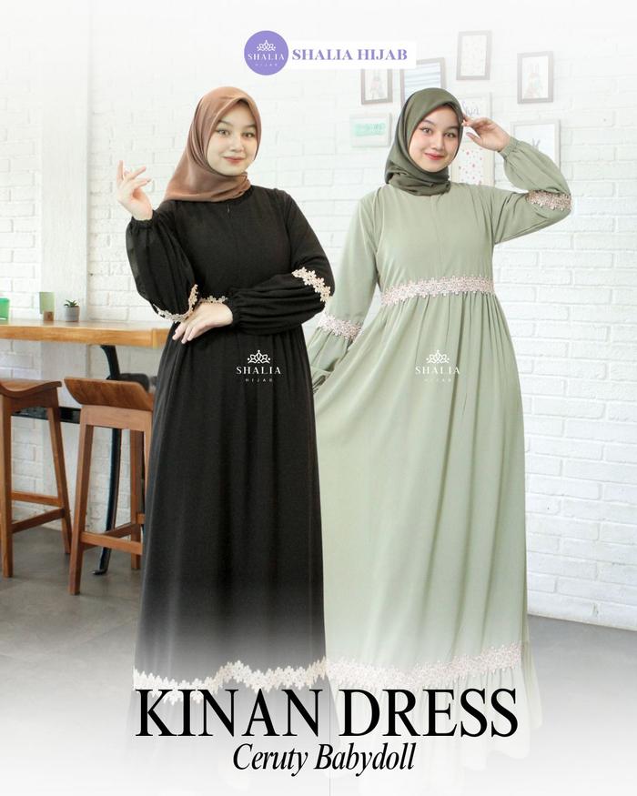 KINAN Dress Renda Bunga Cantik Dada Bawah Gamis Ceruty Babydoll Mewah Elegan Full Puring BUSUI Nyama