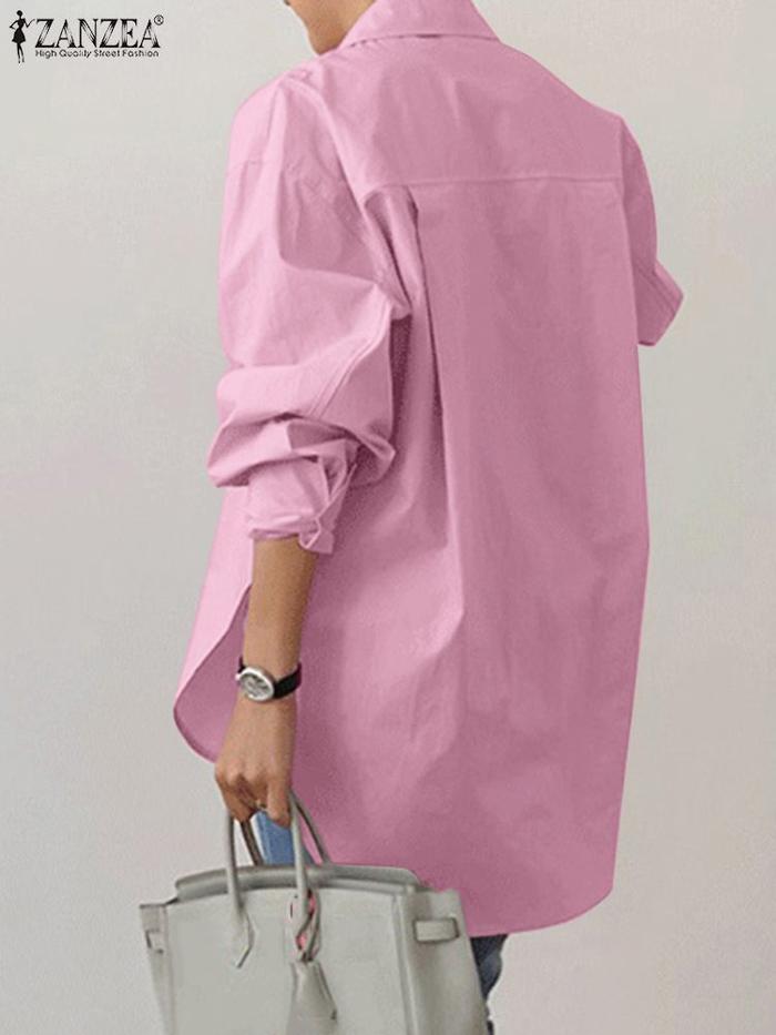2023 ZANZEA Spring Elegant Blouse Stylish Women Lapel Neck Long Sleeve Shirt Loose Solid Split Hem T