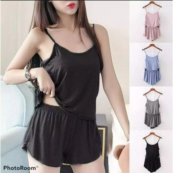 Baju tidur wanita set tanktop hotpants setelan piyama jumbo big size kamisol tengtop model kutung le