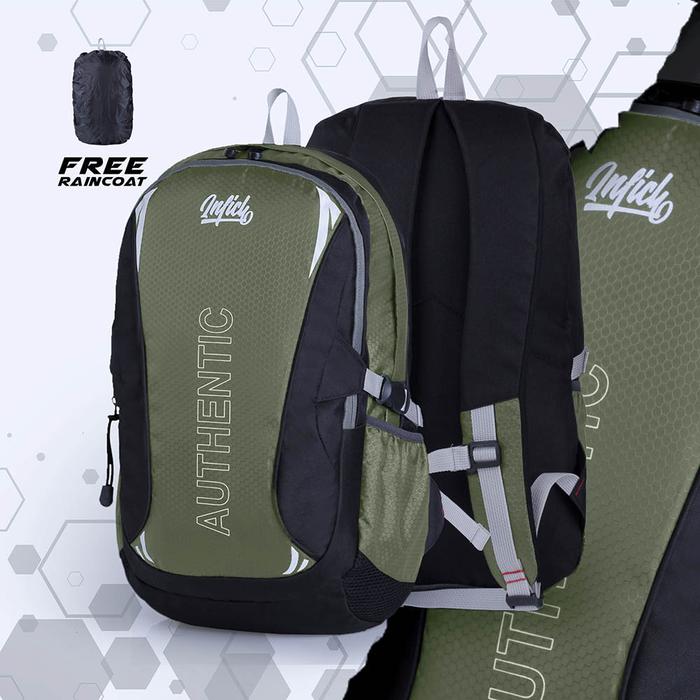 Inficlo Tas Ransel Pria Free Raincoat Kapasitas 25 Liter Warna Army Ukuran 29 x 14 x 44 cm Bahan Cor