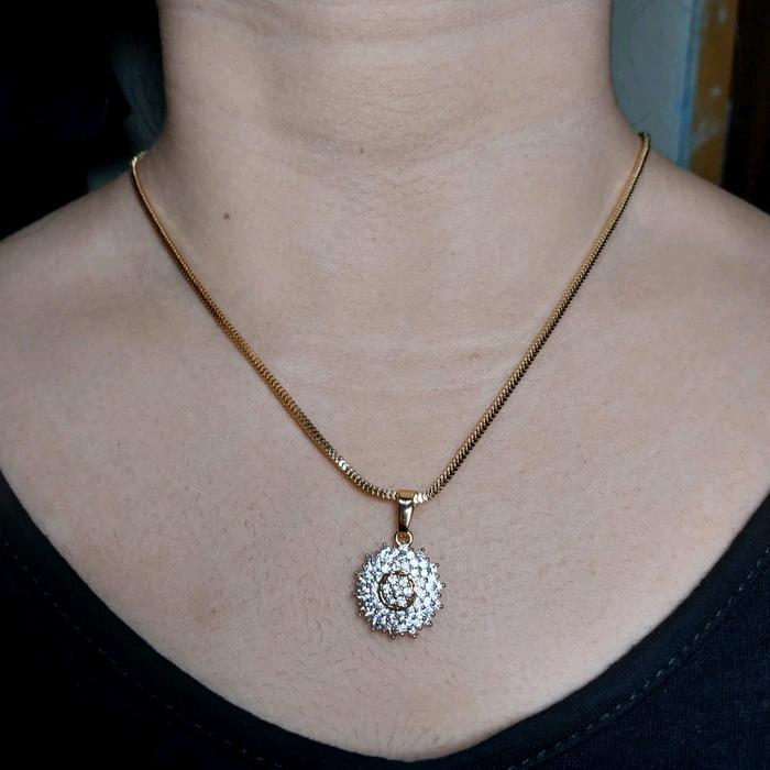 Kalung milano liontin bulat full permata tanam 45cm bahan tembaga berlapis emas 18k aman (parfum sab