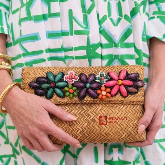 Tas Clutch Anyaman Bambu Manik Kayu Cantik / Dompet Pesta Kondangan Wanita / Tas Tangan Kerajinan Ba