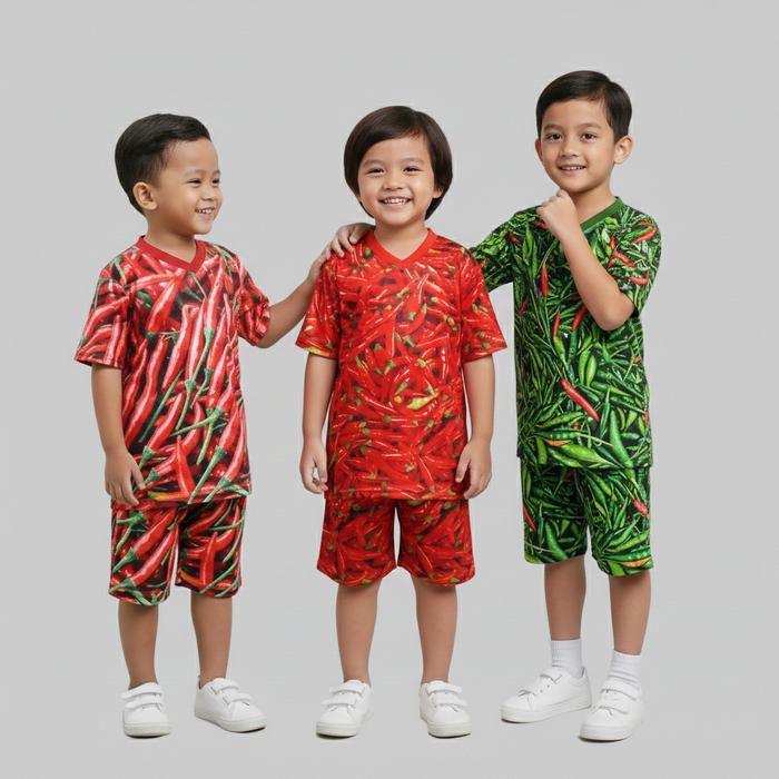 Setelan Jersey Anak Fullprint Motif Cabe-cabean Cabe Ijo Merah Rawit Merah Laki-laki Perempuan 1–10 