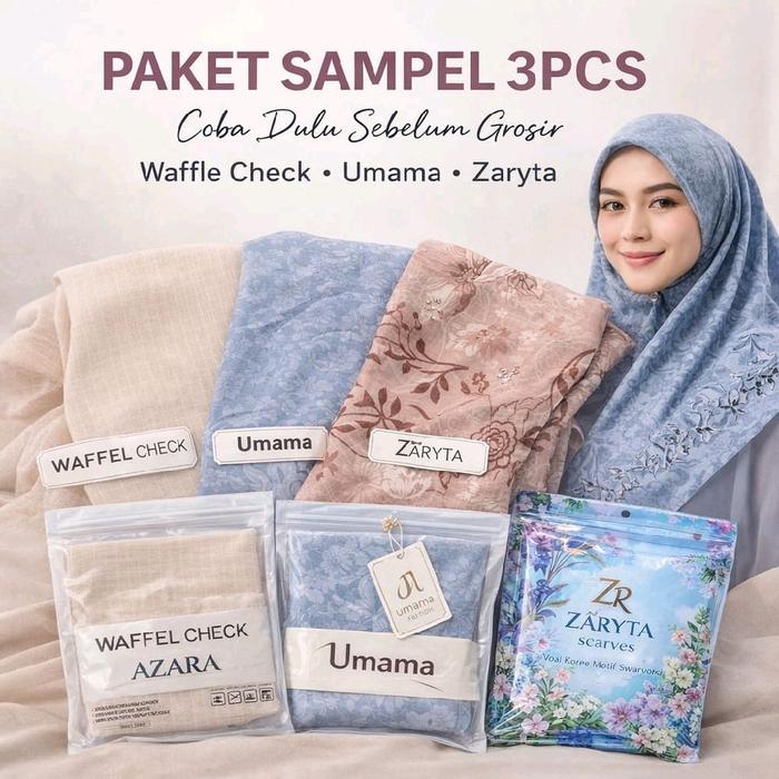 Paket Sampel Hijab 3pcs | Waffle Check Azara + Umama + Zaryta | Coba Dulu Sebelum Grosir