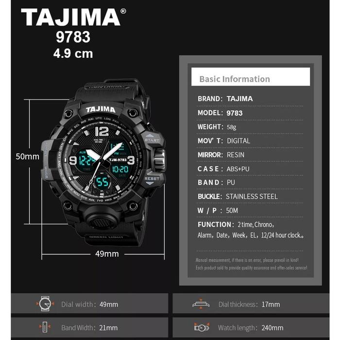 Jam Tangan Analog Digital Pria Tajima 9783 Sport Original Water resist 5 atm Garansi + Free BOX