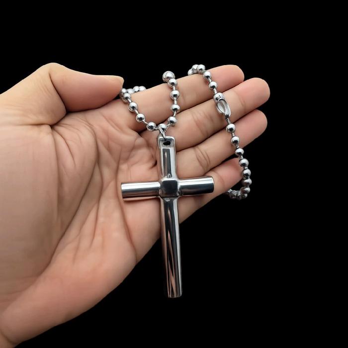 KALUNG TITANIUM SALIB BESAR BAJA BESI PUTIH STAINLESS ANTI KARAT - AKSESORI KALUNG SALIB PRIA