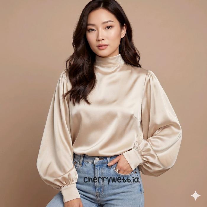 Blouse Satin Lengan Balon Atasan Wanita Casual  Blouse Balon Polkadot