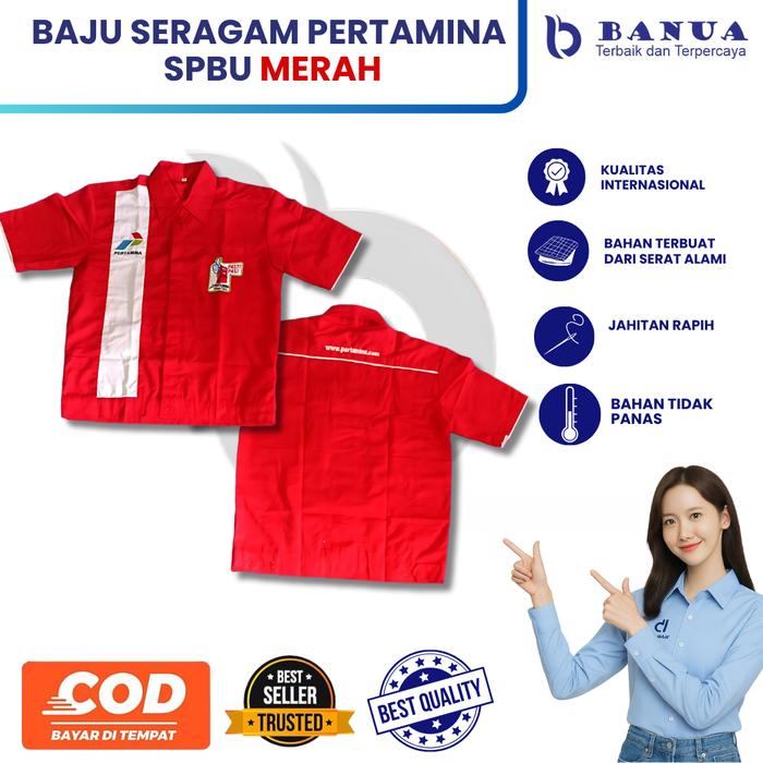Baju Seragam SPBU Operator | Baju Pertamina Merah | Seragam Pertamina Bordir Kerja Merah Pendek Safe