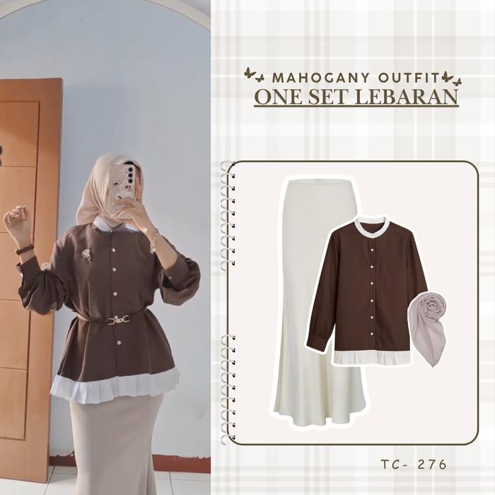 Mahogany Outfit 3in1 Setelan Lebaran Hijab Belt Blouse Rok Duyung Katun Poli Renda Casual SET TC-276