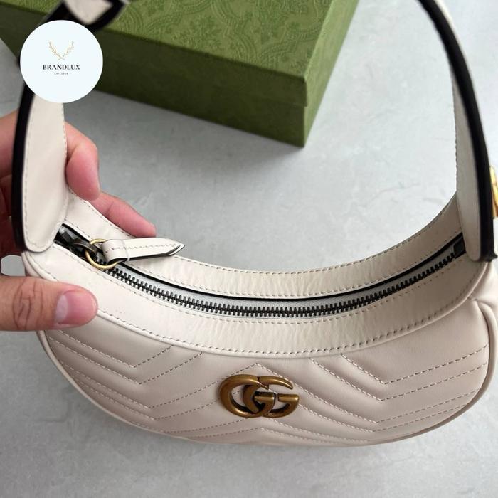 GUCCI GG MARMONT MINI HALF MOON SHAPED BAG WHITE GHW