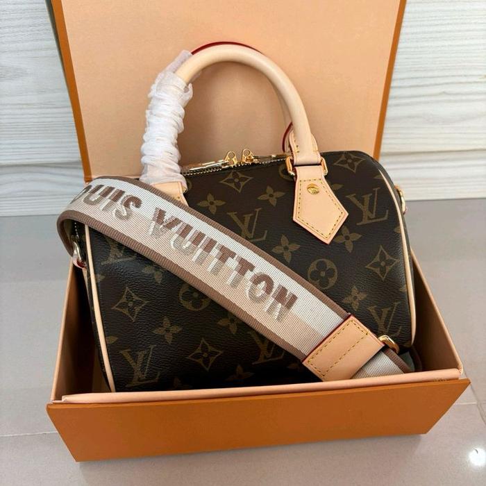 Louis Vuitton Tas Fashion Wanita Speeddy Mini 20 dengan Desain Monogram dan Tali Logo Elegan