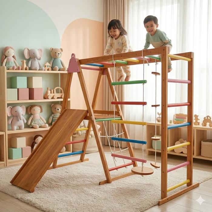 Playground Mainan Anak Kayu Outdoor Indoor– Brakiasi Kubus Double Wall Climbing & Monkey Bar