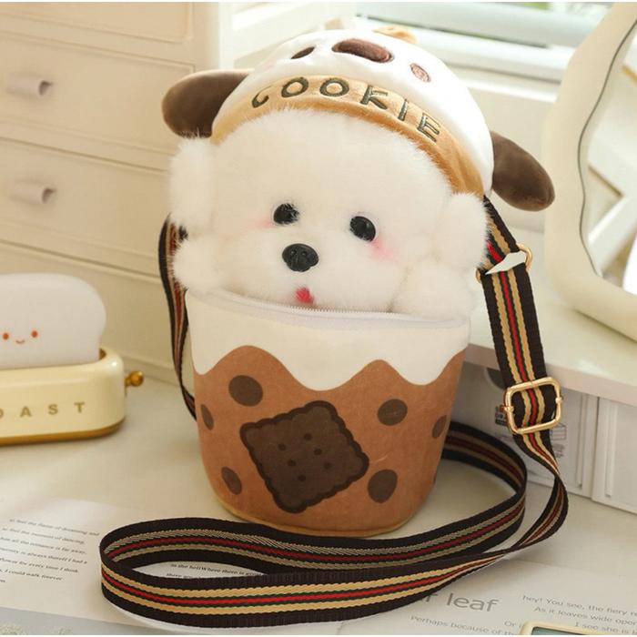Tas Boneka Minuman Boba Tas 2 in 1 Tas Selempang Anak Boneka Anjing Lucu 25CM Tas teh susu anjing Ta