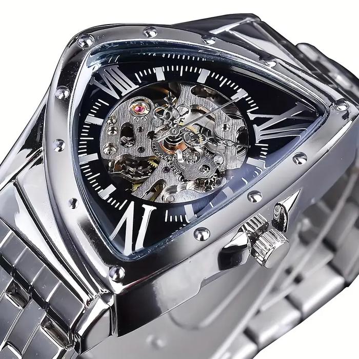 1Pc Men's Mechanical Skeleton Watch, Triangle Sports Style, Hollow Design, Stainless Steel Strap, Se