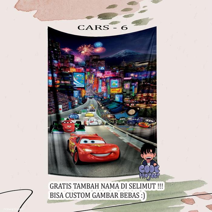 SELIMUT ANAK CARS - SELIMUT KARTUN CARS - selimut anak gambar mobil - custom selimut bisa tambah nam