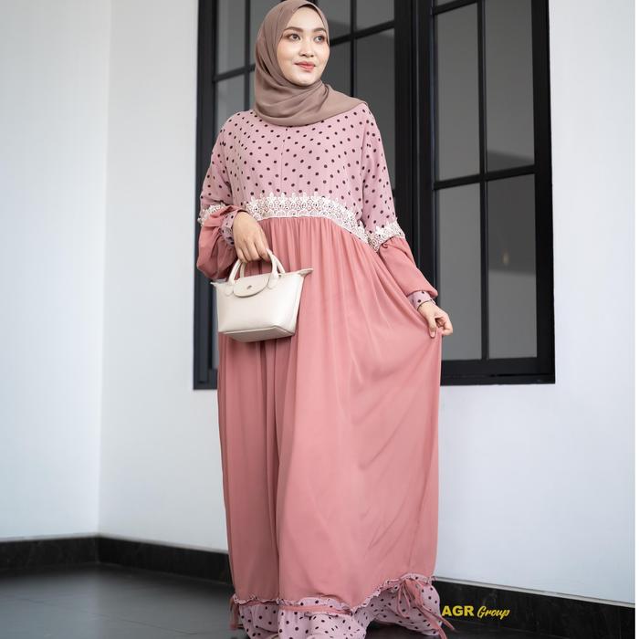 Gamis Syari Wanita Humaira Bahan Ceruty Motif Polkadot Busui Full Furing Size XXXL LD 130 Baju Dress