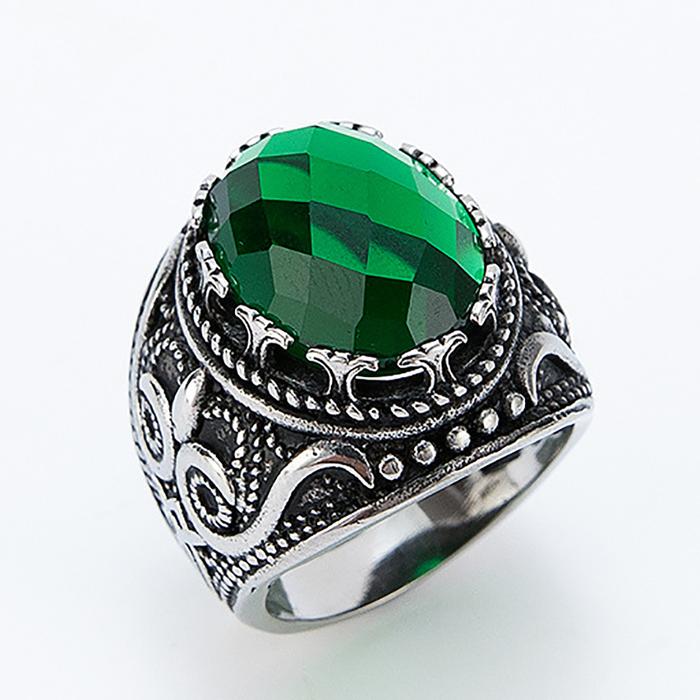 Cincin Totem Burung Hantu Hitam Perak Vintage Desain Daun Kristal Tiruan Hijau Punk Hip Hop Cincin A