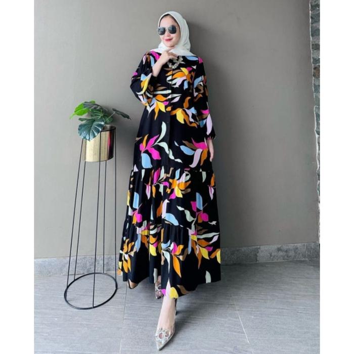 Dress Gamis Rayon Wanita Premium Motif Bunga By Madina Butik - Model Bawah Rempel Susun - Katun, Tun