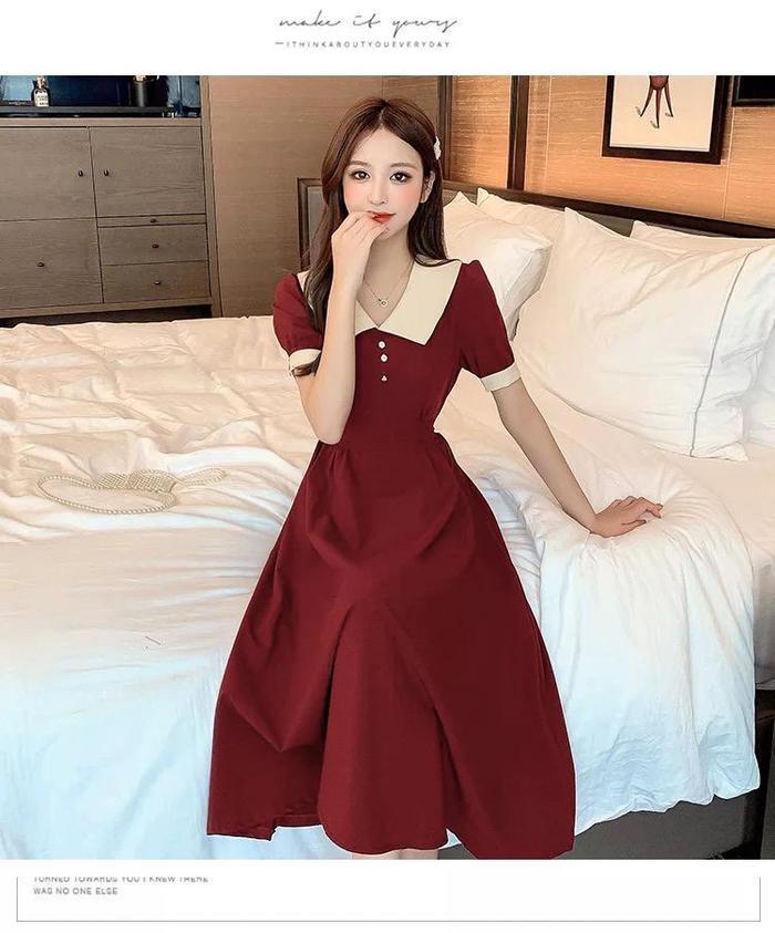 Midi Dress Vintage Kerah Peter Pan Lengan Puff Dress Kerah Boneka A-Line Lengan Pendek - Burgundy El