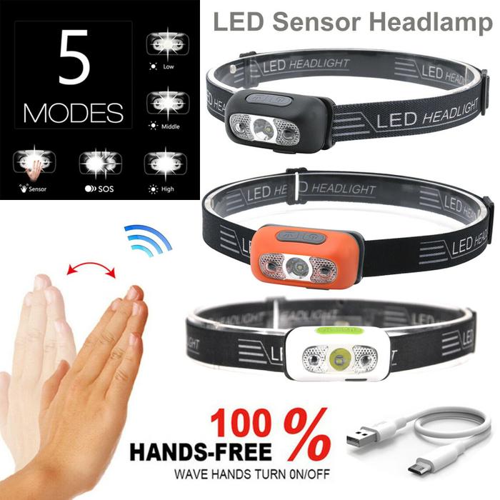 Lampu Utama Sensor Gerak, Senter Kepala USB Lampu Kepala LED Dapat