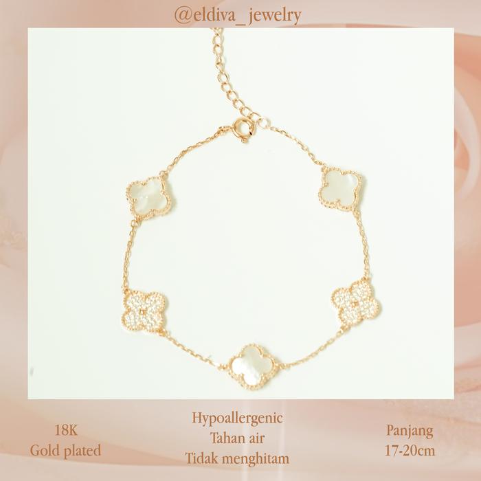 Gelang Bunga Clover Lapis Emas Asli 18K VC 5clover Rosegold