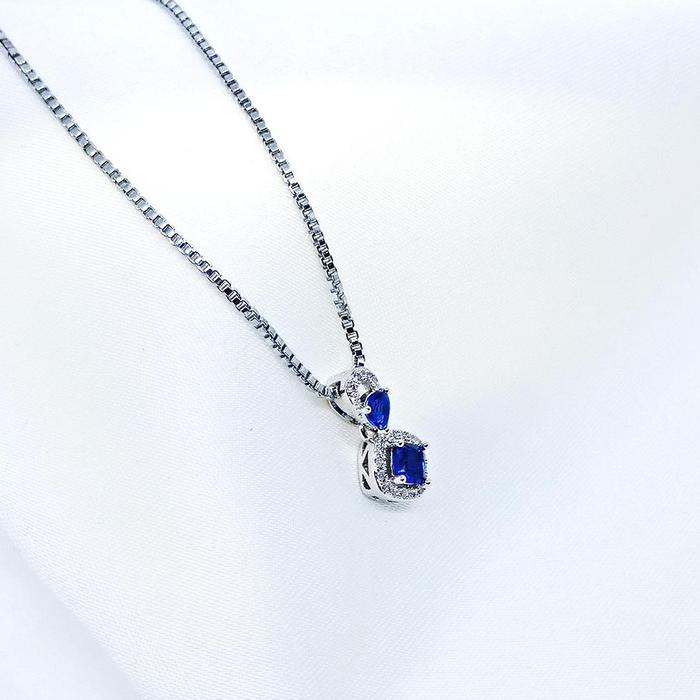 Kalung Lady Diana Wanita Biru Full Mata Tanam Kuning dan Putih Tali Italy