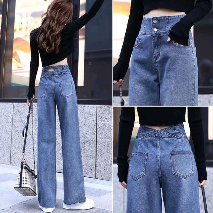 Celana Panjang HW Kulot Jeans Boyfriend Jeans Korea Jeans Celana Jeans Kancing Loose Wanita Bawahan 