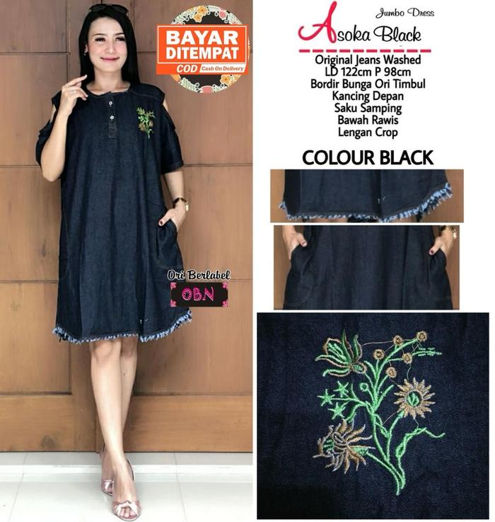 Asoqa Dress Jeans Jumbo Sabrina Mini Dress Denim Polos Bordir Bunga Lengan Pendek Casual Wanita Midi