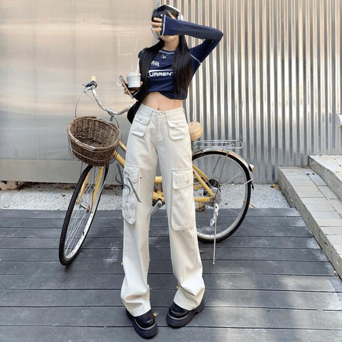 Celana jeans cargo wanita - celana cargo highwaist - celana denim pasir putih Panjang