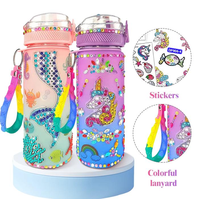 600ml Kids Water Bottle with Glitter Diamond Decorate Water Bottle Creative Diamond Stickers Bottle