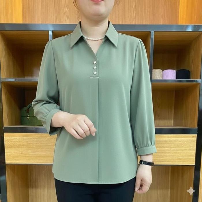 Blouse Wanita Leher V Kancing 3 Depan Lengan 7/8 Korean Style /Motif Polos/Atasan Wanita/Rayon Twill