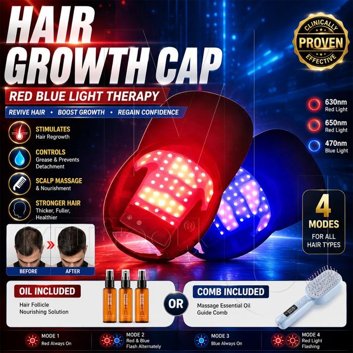 Topi Fisioterapi Laser Merah Biru LED Pertumbuhan Rambut Cepat Perangkat Sinar Inframerah Perawatan 